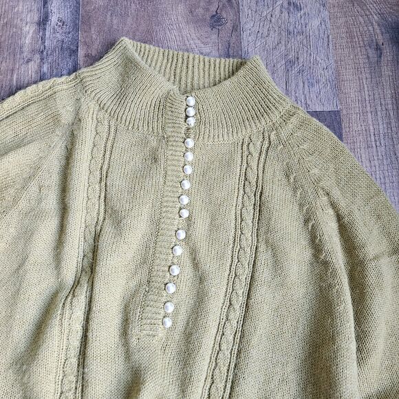 Vintage Crystal-Kobe Cottagecore Green Sweater Pearl Front Mock Turtleneck L - Picture 5 of 7